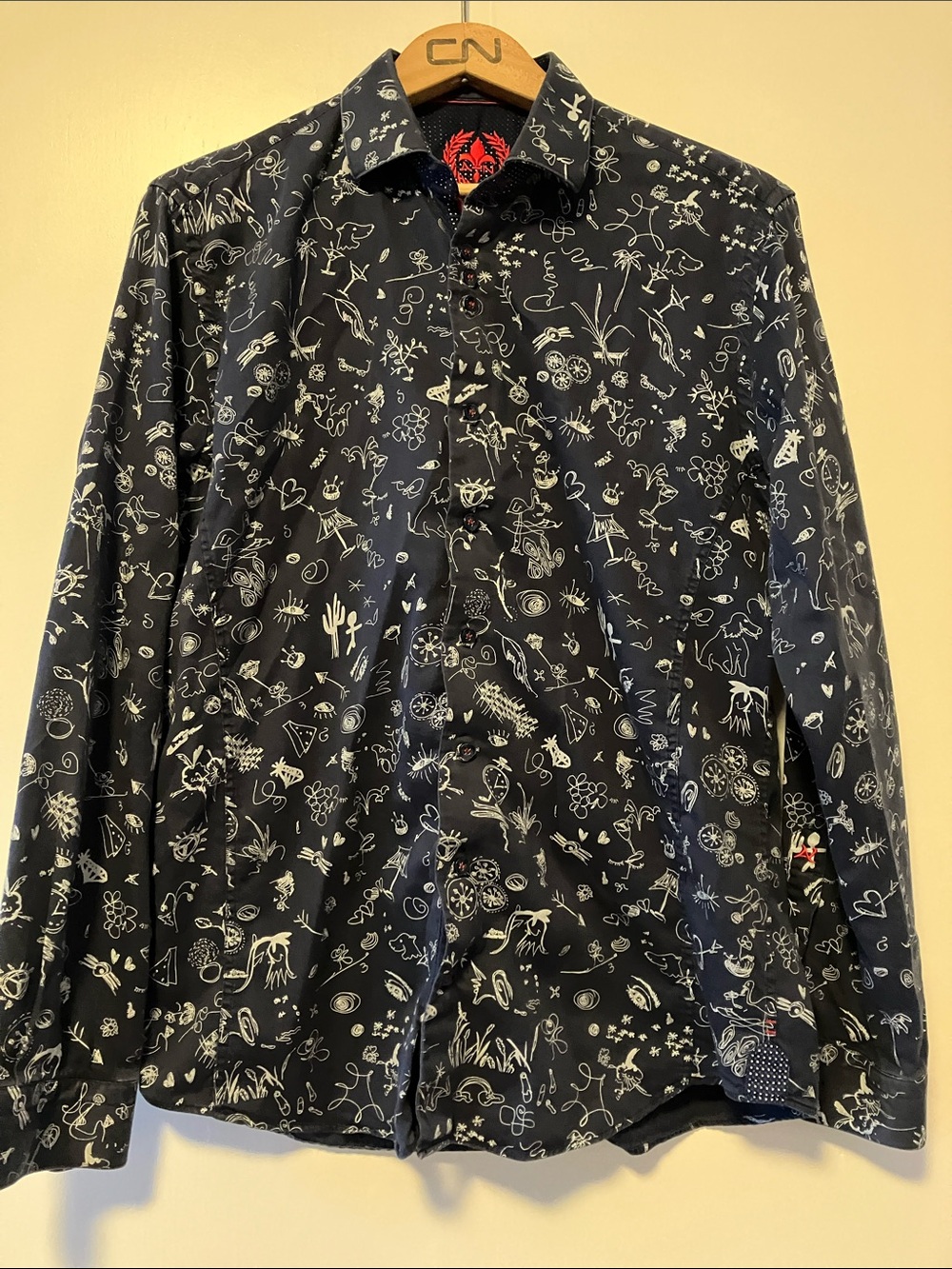 Men's Casual Button-Down Shirt - Navy with White Funky Print - Montréal